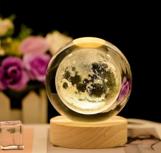 Crystal Moon Lamp – 3D Galaxy Globe on Wooden Base